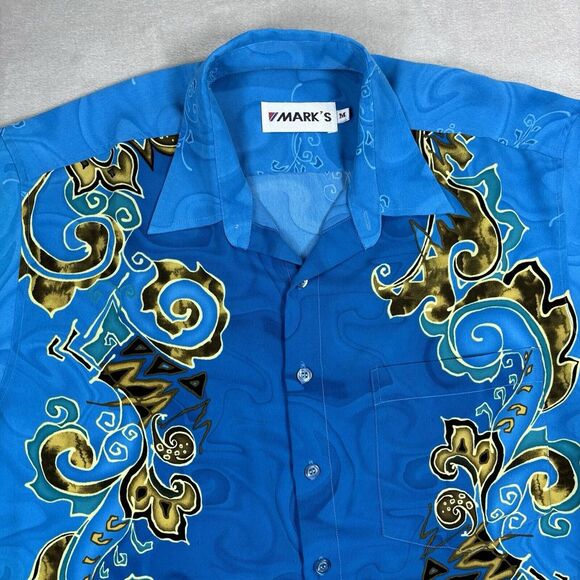 True Vintage 1960s Shirt Disco Dagger Collar Polyester Novelty Print Mark's Blue - Picture 3 of 9